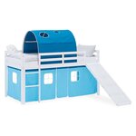 Lit mezzanine 90x200cm avec toboggan  tunnel et rideau pin bleu