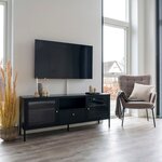 Console TV noire avec portes en verre et tiroir