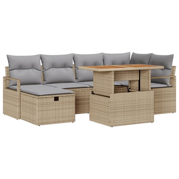 vidaXL Ensemble de canapé de jardin de 7 pièces avec coussins Beige Rattan Poly