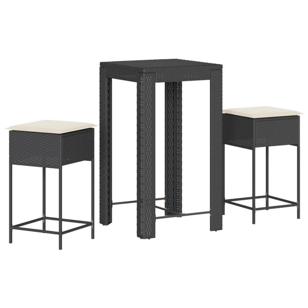 vidaXL Ensemble de bar de jardin 3 Pièces avec coussins noir poly rotin