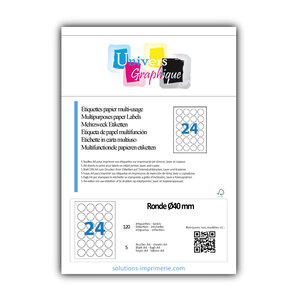 Lot de 5 planches a4 de 24 étiquettes à bords vifs rondeø40 mm en papier blanc 70g/m² multifonction