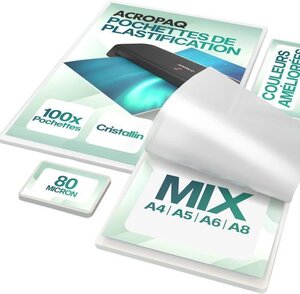 ACROPAQ 100 Pochettes de Plastification (20 x A4  A5  A6  40 x A8) 80 mic- 100 feuilles de Plastification Différentes tailles- bord arrondi