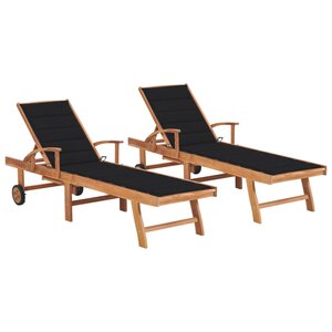 vidaXL Chaises longues lot de 2 avec coussin noir Bois de teck solide