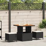 Ensemble de salle à manger de jardin 3 pièces avec coussins en poly rotin noir et acacia