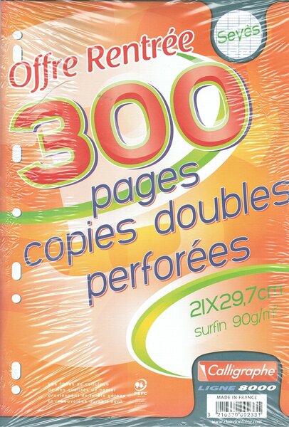 Copies doubles perforées s/film 21x29 7 300p séyès 90g CALLIGRAPHE
