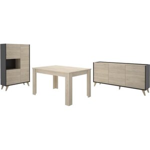 Salle à manger complète avec enfilade + vitrine + table - Décor graphite et chêne - NESS
