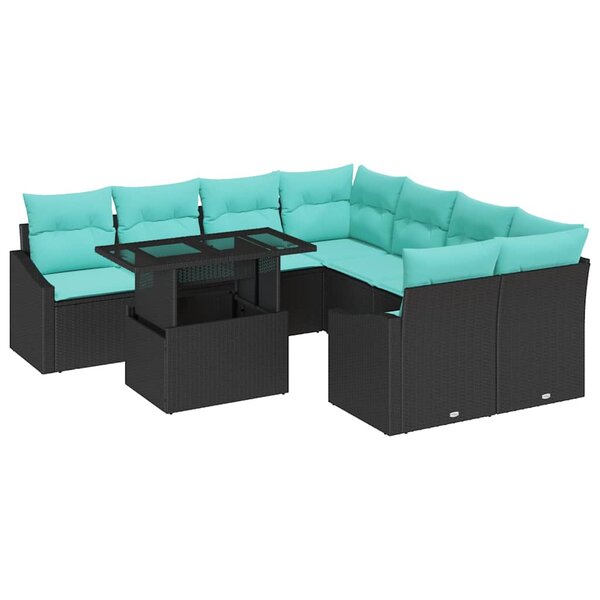 vidaXL Ensemble de canapé de jardin 9 Pièces Noir et bleu polyrotin