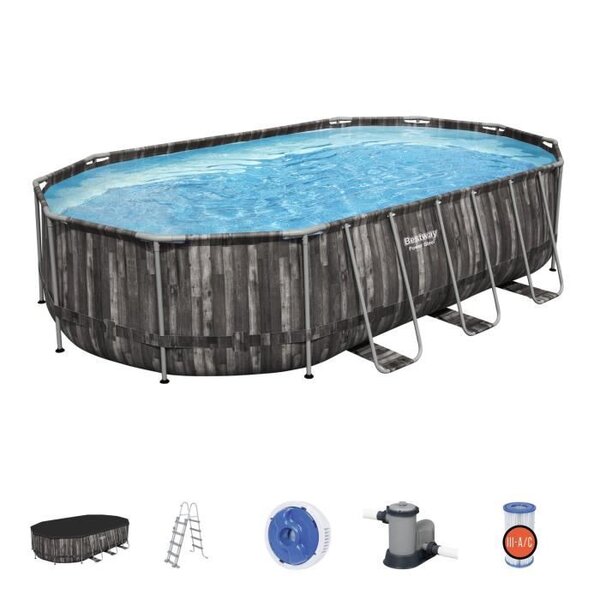 Piscine hors-sol tubulaire bestway power steel oval imitation bois 610x366x122 cm épurateur a cartouche de 5 678 l/h
