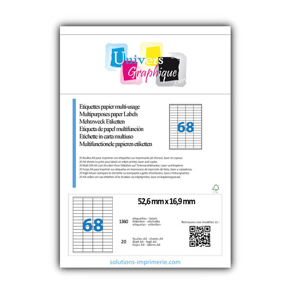 Lot de 20 planches a4 de 68 étiquettes à bords vifs 52 6 x 16 9 mm en papier blanc 70g/m² multifonction