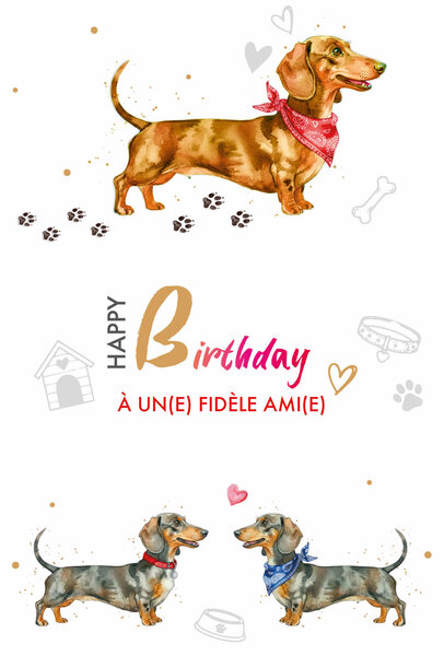 69-3125 Carte Anniversaire Animaux Chiens Saucisses Teckels Amoureux Mignons Bandanas Peinture Aquarelle - Finitions Dorure Or Doré + Gaufrage en Relief +1 Enveloppe Format 12x17cm -Fabriqué en Europe