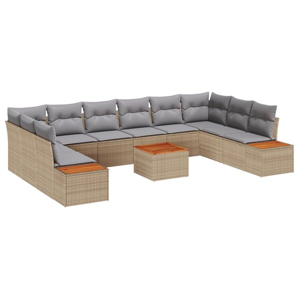vidaXL Ensemble de canapé de jardin de 11 pièces avec coussins Beige Poly Rattan Acacia