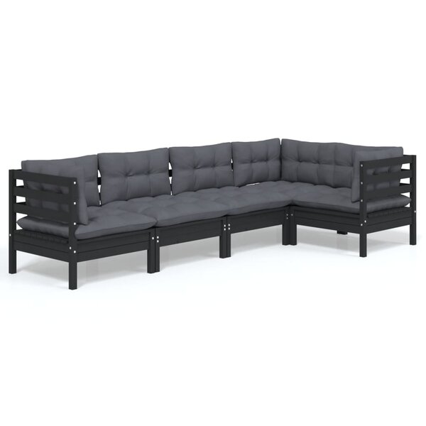 vidaXL Salon de jardin 5 Pièces avec coussins Noir Bois de pin