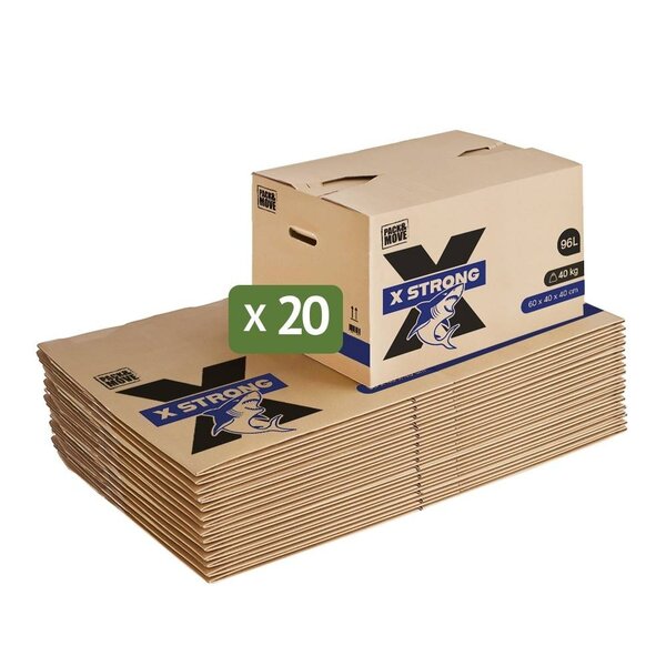 Pack and Move - Lot de 20 Cartons Déménagement X Strong - 60 x 40 x 40 cm - Charge 40 kg - Extrême Résistance - Grande Capacité