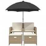 vidaXL Canapé de jardin 2 places avec parasol et tabourets beige rotin