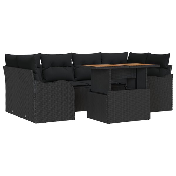 Ensemble de canapé de jardin 7 pièces vidaXL avec coussins noirs en rattan poly et acacia