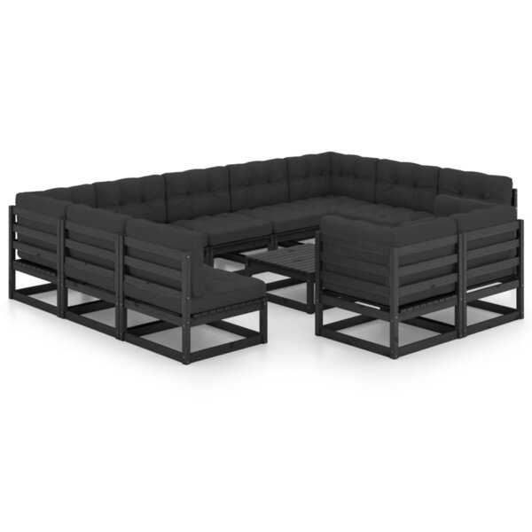 vidaXL Salon de jardin 12 Pièces avec coussins Noir Bois de pin massif