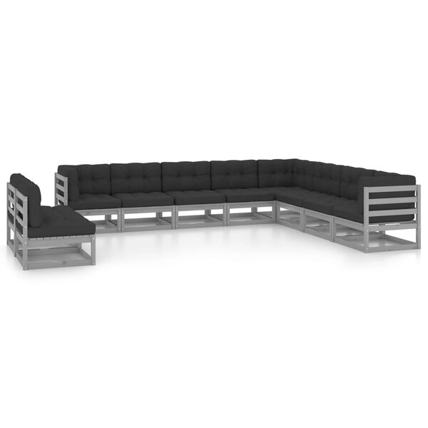 Salon de jardin meuble d'extérieur ensemble de mobilier 10 pièces avec coussins gris bois de pin massif 02_0015032