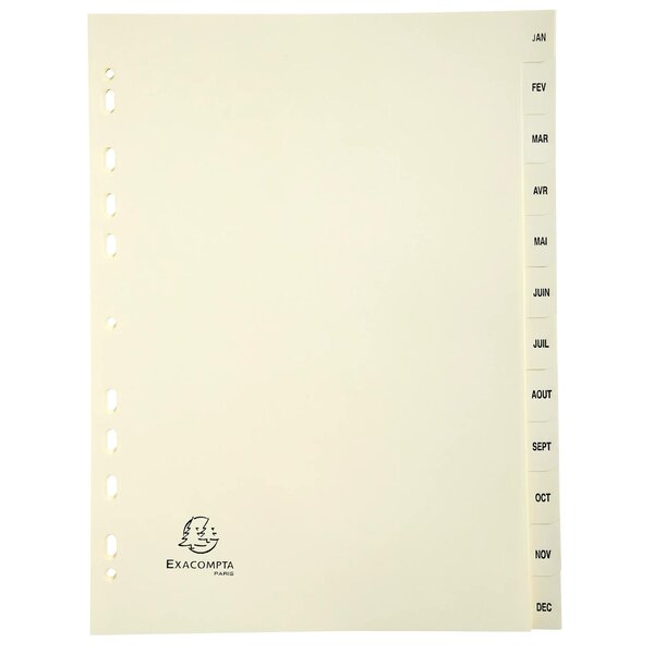 Intercalaires Imprimés Carte Peau 155g 12 Positions De Janvier À Décembre - A4 - Ivoire - Exacompta