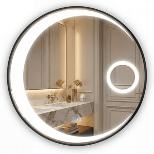 Miroir rond salle de bain 61 x 3 5 cm fonction anti-buée et loupe triple style moderne en aluminium noir 20_0017739