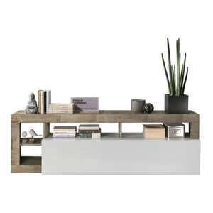 Meuble TV 1 porte - Finition Blanc Laqué et Effet Bois Vintage - 184 x 42 x Hauteur 56 cm