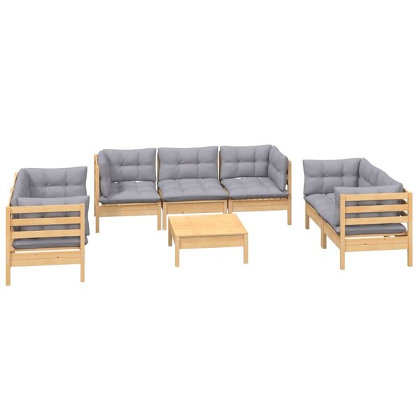 Salon de jardin meuble d'extérieur ensemble de mobilier 8 pièces avec coussins gris bois de pin massif 02_0017582