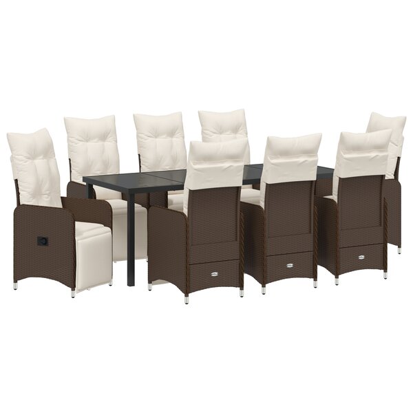 vidaXL Set de salle à manger de jardin de 9 pièces avec coussins marron en poly rattan