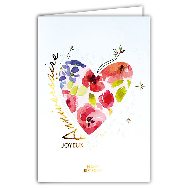 69-3104 Carte Anniversaire pour Fille Femme Jolie Belle comme un Cœur Fleuri Fleurs Champêtre Rose - Finitions Dorure Or Doré + Gaufrage en Relief +1 Enveloppe Format 12x17cm - Fabriqué en Europe