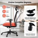 Chaise de bureau ergonomique réglable en hauteur dossier respirant soutien lombaire appui-tête 3D confortable pour bureau étude salle de conférence noir orange 20_0004840