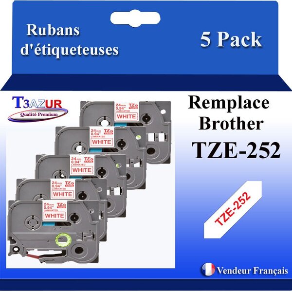 5x Rubans d'étiqueteuses compatibles avec Brother Tze252  Tze-252 pour étiqueteuses P-touch - Texte rouge sur fond blanc - Largeur 24 mm x 8 mètres - T3AZUR