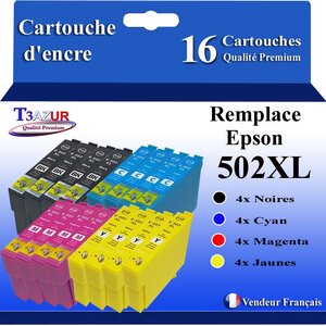 T3AZUR - 16x Cartouches compatibles avec Epson WorkForce WF-2860DWF WF-2865DWF WF-2880DWF WF-2885DWF 502XL