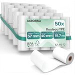 ACROPAQ 50 Rouleaux de Caisse 57x 40x8mm- Thermique 19 7m- Terminaux de paiement- 50 Bobines TPE- Sans BPA- Dimension Universelle