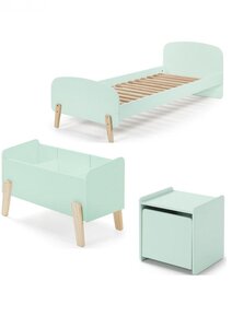 KIDDY Menthe Lit simple en bois laqué et brut et sommier + Chevet 1 porte + Coffre à jouets