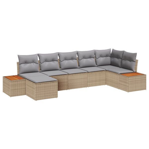 Ensemble de Canapé de Jardin de 7 Pièces avec Coussins Beige Rattan Poly Acacia