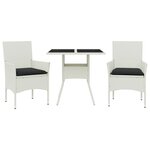 vidaXL Ensemble à manger de jardin et coussins 3 Pièces blanc rotin verre