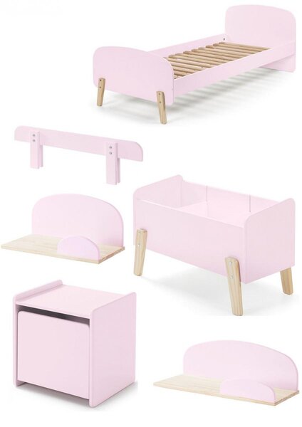 Lit simple rose + sommier + Chevet + Etagères 45cm/65cm + Coffre jouets + Barrière lit