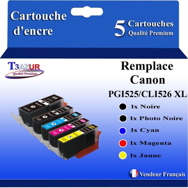 T3AZUR - 5x Cartouches compatibles avec Canon PGI525 CLI-525 XL  pour Canon Pixma MG5100 MG5140 MG5150 MG5200 MG5250 MG5350 MG6150