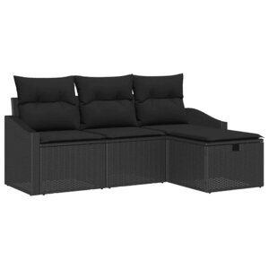 vidaXL Ensemble de Canapés avec coussin 4 Pièces Noir polyrotin