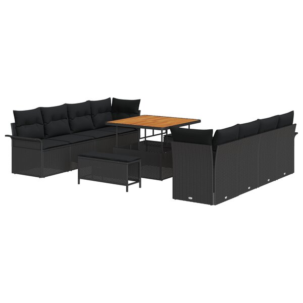 Ensemble de Sofa de Jardin 11 pièces avec Coussins Noir Poly Rattan Acacia