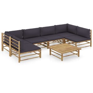 Salon de jardin meuble d'extérieur ensemble de mobilier 7 pièces avec coussins gris foncé bambou 02_0017196