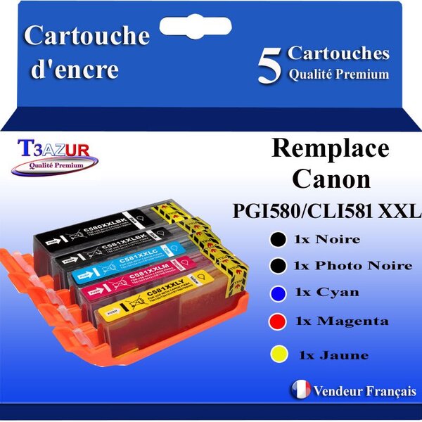 T3AZUR - 5x Cartouches compatibles avec Canon PGI-580 CLI-581 XXL pour Canon Pixma TR7500 TR7550 TR8500 TR8550 TS6100 TS6150 TS6151 TS6200