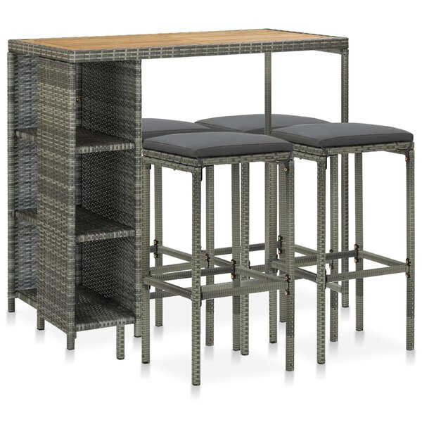 vidaXL Ensemble de bar de jardin 5 Pièces et coussins Résine tressée Gris