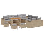 Ensemble de canapé de jardin de 14 pièces avec coussins Beige Poly Rotin Acacia