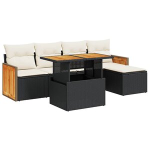 vidaXL Salon de jardin 6 Pièces avec coussins noir résine tressée acacia