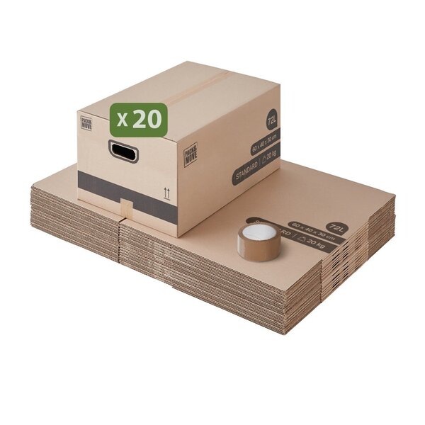 Pack and Move - Lot 20 cartons déménagement M - 60 x 40 x 30 cm - Poignées renforcées - 1 adhésif offert