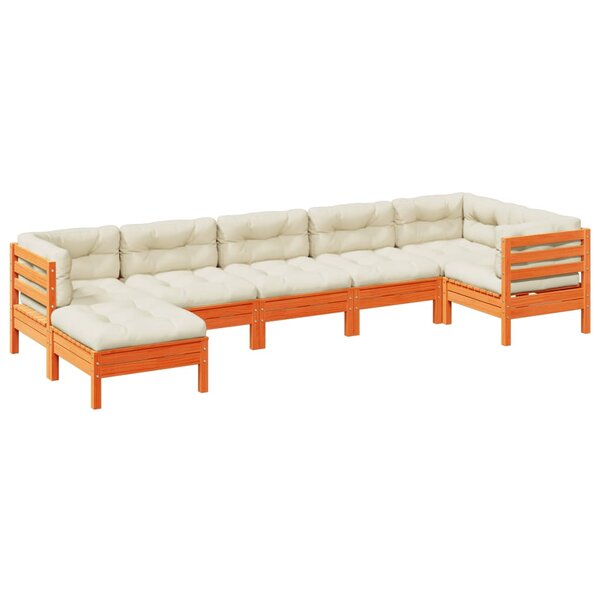 vidaXL Salon de jardin 7 Pièces avec coussins cire marron bois pin massif