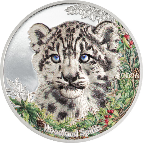 Monnaie SNOW LEOPARD Woodland Spirit 1 Oz Argent 500 Togorog Mongolia 2026 (PRÉCOMMANDE)