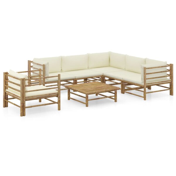 vidaXL Salon de jardin 7 Pièces avec coussins blanc crème bambou