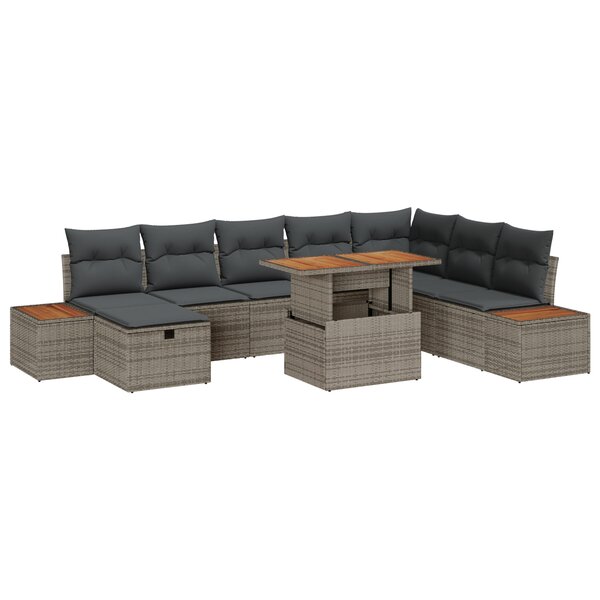 Ensemble de Canapé de Jardin 9 pièces avec coussins gris rattan acacia