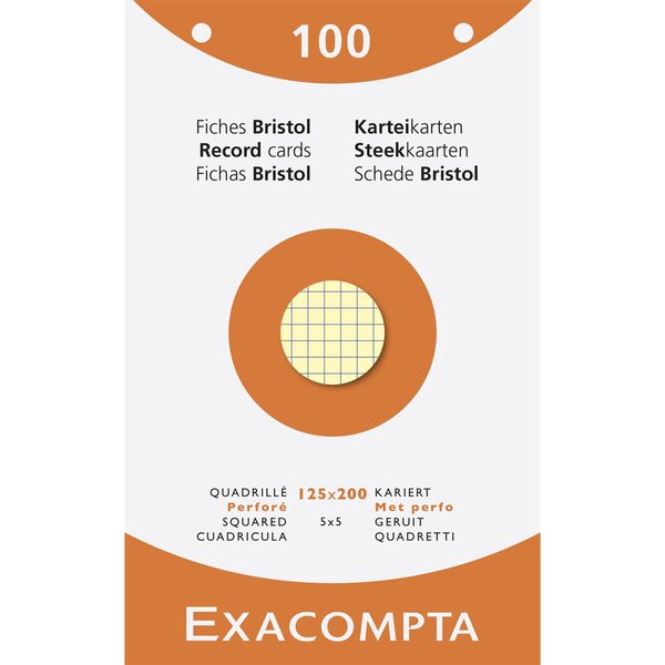 Étui de 100 fiches bristol quadrillé 5x5 perforé 125x200mm Couleurs assorties EXACOMPTA