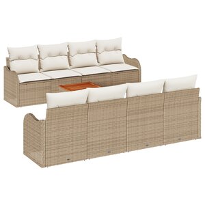 Ensemble de Canapé de Jardin 9 pièces avec Coussins Beige Rattan Poly Acacia